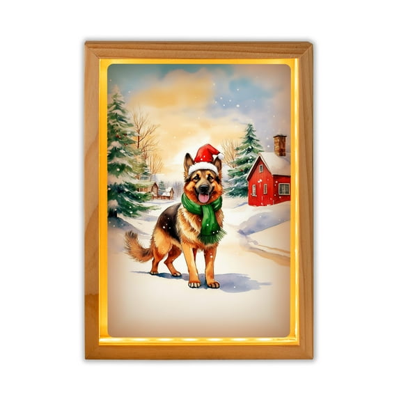 Hello Winter German Shepherd Frosty Morning Walk Welcome Snowy Christmas Acrylic Plaque with Wood Photo Frame Box Alsatian Dog Lover Gifts Light Box - 02018