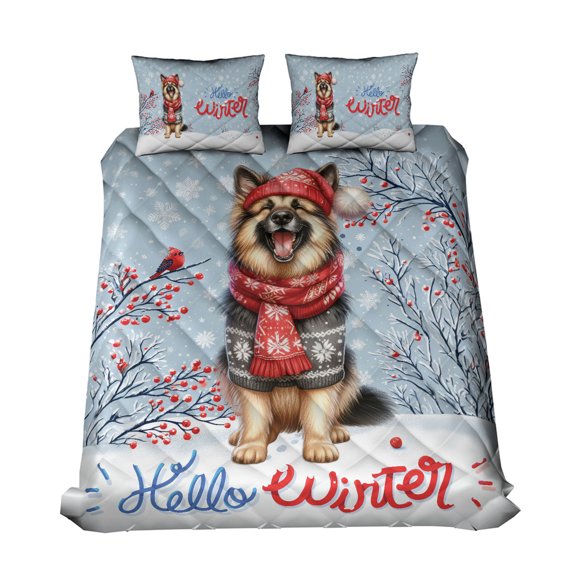 Hello Winter German Shepherd Smiling in Red Scarf Hat Welcome Christmas Quilt Bedding Set Alsatian Dog Lover Gifts 1 Blanket Bed Cover 2 Pillowcases - 00017