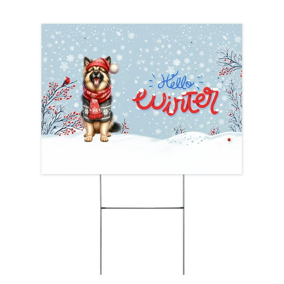 Hello Winter German Shepherd Smiling in Red Scarf Hat Welcome Christmas Yard Sign Alsatian Dog Lover Gifts Outdoor Home Lawn Garden Porch Decor - 00017