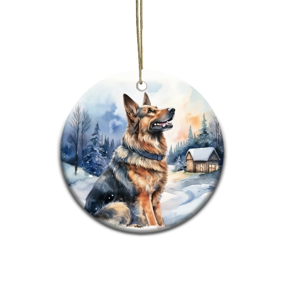 Hello Winter German Shepherd Welcome Snowy Night Watercolor Vintage Ceramic Round Ornament Alsatian Dog Lover Gifts Home Tree Decor - 01011