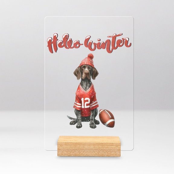 Hello Winter German Shorthaired Pointer Football Snowman Welcome Snowy Morning Acrylic Plaque Sign Ashwood Base GSP Lover Dog Gift Home Desk Decor - 01012