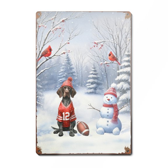 Hello Winter German Shorthaired Pointer Football Snowman Welcome Snowy Morning Vertical Metal Aluminum Sign GSP Lover Dog Gift Wall Art Home Decor - 01012