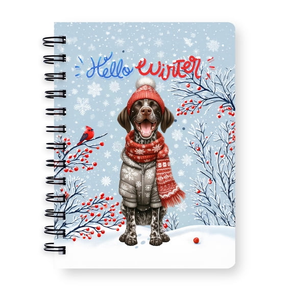 Hello Winter German Shorthaired Pointer Smiling in Red Scarf Hat Welcome Christmas Spiral Bound Journal GSP Lover Dog Gift 5x7in Spiral Notebook - 00017
