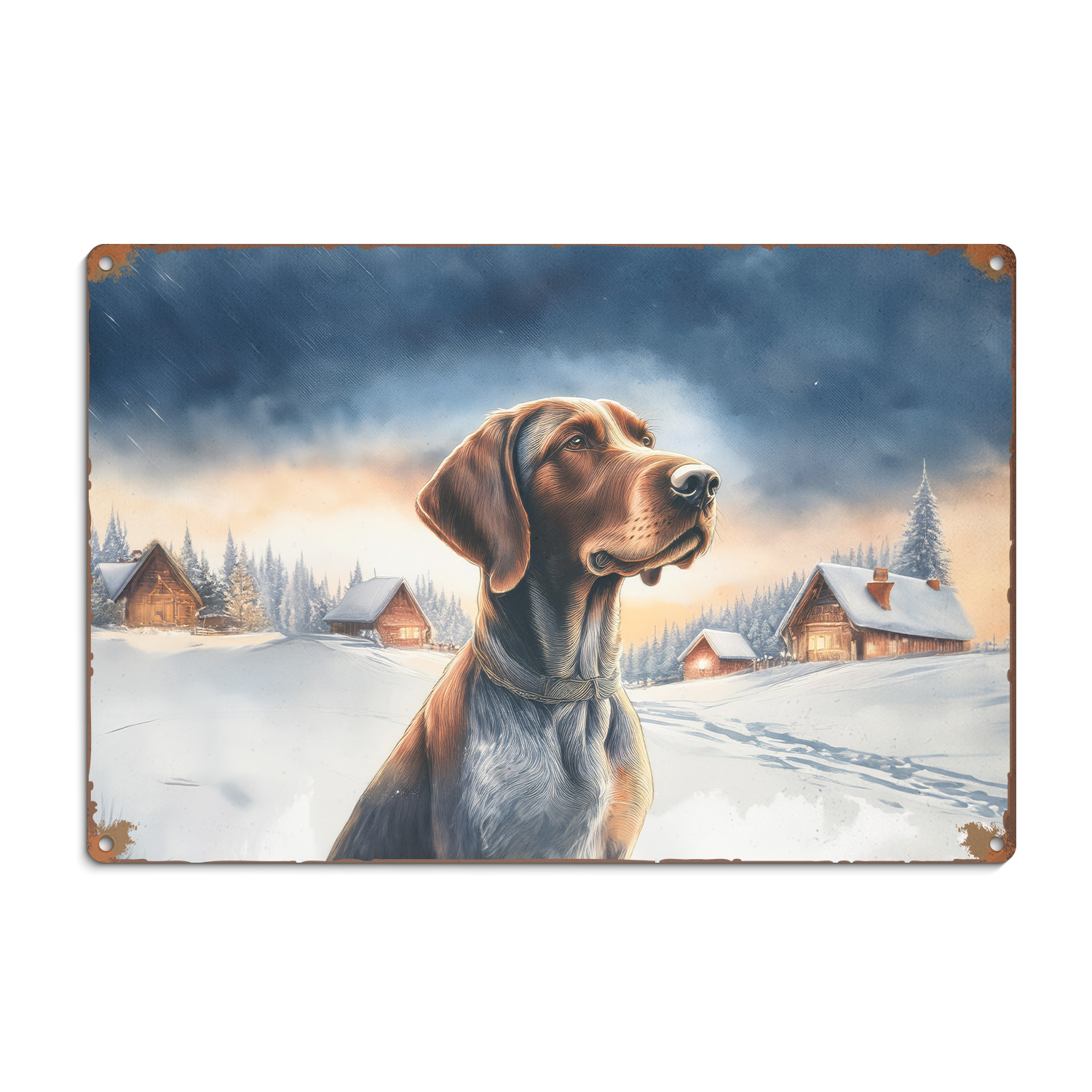 Hello Winter German Shorthaired Pointer Welcome Snowy Night Watercolor ...