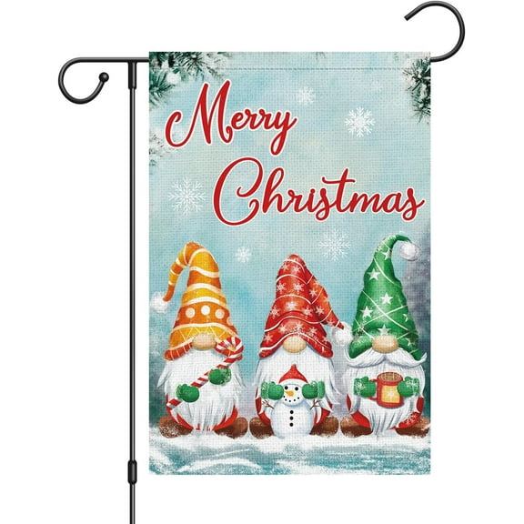 Hello Winter Gnome Garden Flag 28x40 Double Sided, Burlap Large Vertical Snowflakes Snow Garden Yard House Flags for Winter Christmas Seasonal Outside Outdoor House Decor (ONLY FLAG)