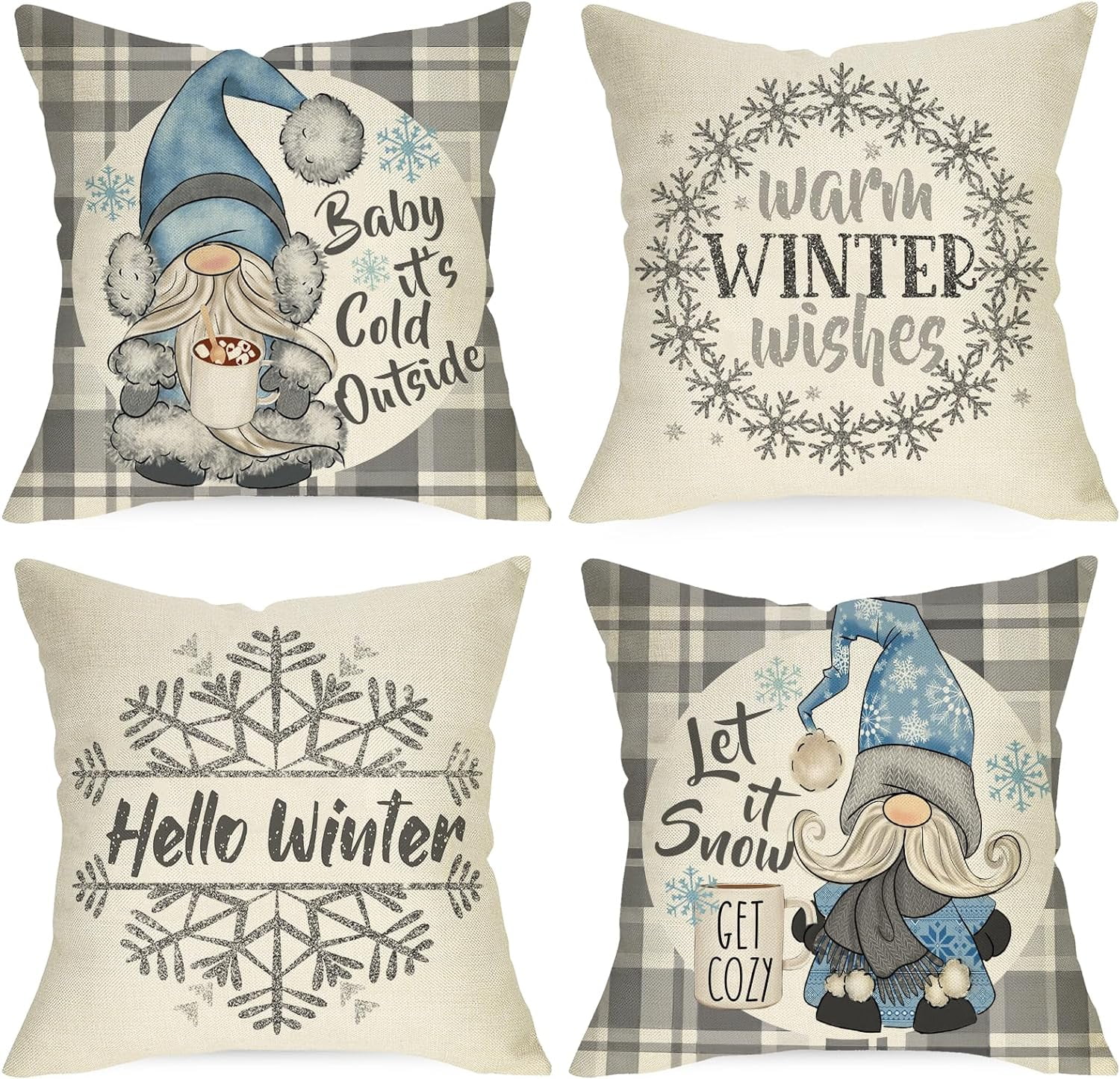 Hello Winter Gnome Grey Decorative Throw Pillow Covers 18 x 18 Set of 4, Warm Winter Wishes Snowflake Plaid Farmhouse Cushion Case Decor, Baby It''s Cold Outside Let It Snow Home Decoration