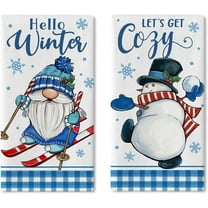 Hello Winter Gnome Kitchen Dish Towels Set of 2, Let''s Get Cozy Snowman Skiing Drying Hand Towels Baking Cooking Cloth, Christmas Seasonal Plaid Farmhouse Home Kitchen Decoration 18 x 26 Inch