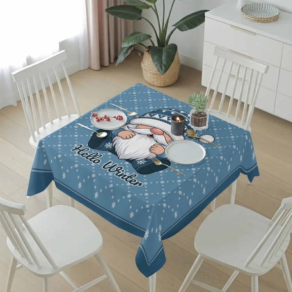 Hello Winter Gnome Table Cloth 54x54in, Waterproof Square Tablecloth Wipeable Tablecloths Dwarf on Blue Background Table Covers for Dining Tables Party Indoor Outdoor