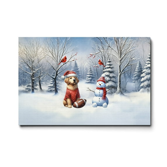 Hello Winter Golden Retriever Football Snowman Welcome Snowy Morning Horizontal Matte Canvas Poster Goldens Dog Lover Gifts Idea Wall Art Home Decor - 01012
