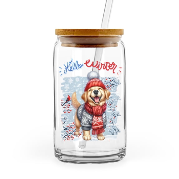 Hello Winter Golden Retriever Smiling in Red Scarf Hat Welcome Christmas 16oz Glass Cup Mug Goldens Dog Lover Gifts Idea Glass Can with Bamboo Lid and Straw - 00017