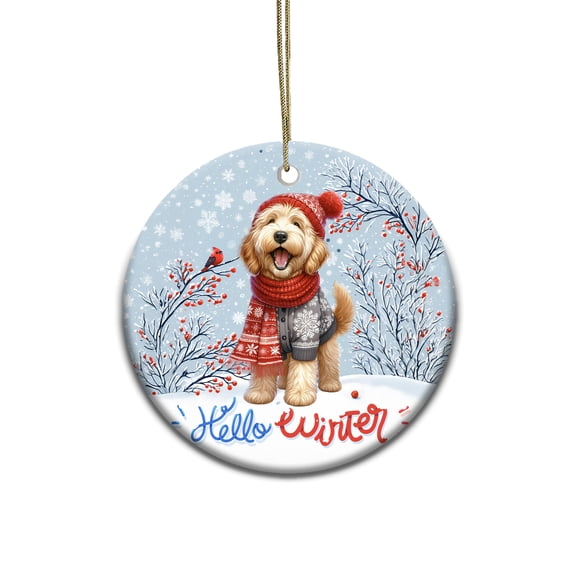 Hello Winter Goldendoodle Smiling in Red Scarf Hat Welcome Christmas Ceramic Round Ornament Doodle Dog Lover Gifts Idea Home Tree Decor - 00017