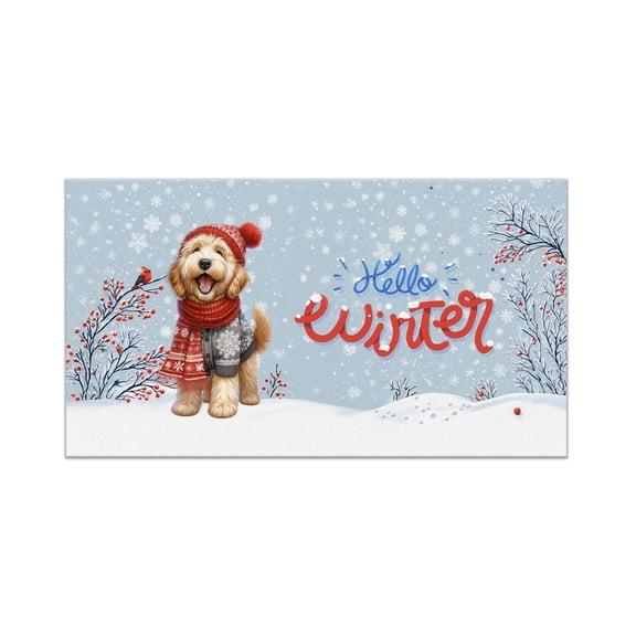 Hello Winter Goldendoodle Smiling in Red Scarf Hat Welcome Christmas Doormat Doodle Dog Lover Gifts Idea Indoor Outdoor Welcome Mat - 00017