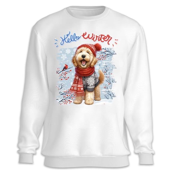 Hello Winter Goldendoodle Smiling in Red Scarf Hat Welcome Christmas Sweatshirt Unisex Merch Doodle Dog Lover Gifts Idea - 00017