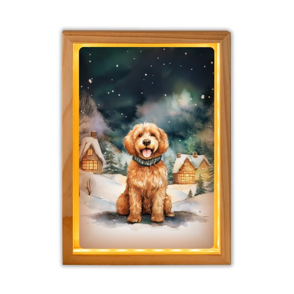 Hello Winter Goldendoodle Welcome Snowy Night Watercolor Vintage Acrylic Plaque with Wood Photo Frame Box Doodle Dog Lover Gifts Idea Light Box - 01011