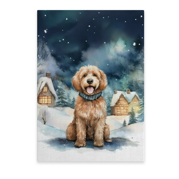 Hello Winter Goldendoodle Welcome Snowy Night Watercolor Vintage Vertical Matte Canvas Poster Doodle Dog Lover Gifts Idea Wall Art Home Decor - 01011