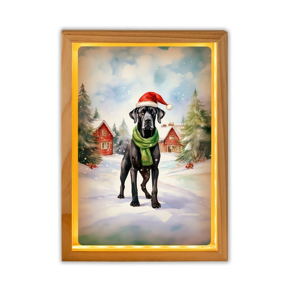 Hello Winter Great Dane Frosty Morning Walk Welcome Snowy Christmas Acrylic Plaque with Wood Photo Frame Box Danes Dog Lover Gifts Light Box - 02018