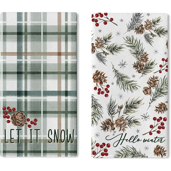 Hello Winter Green Kitchen Dish Towels Set of 2, Let It Snow Pine Cone Pine Needle Red Berry Drying Towels Baking Cooking Cloth, Christmas Farmhouse Plaid Check Home Kitchen Decoration 18 x 26
