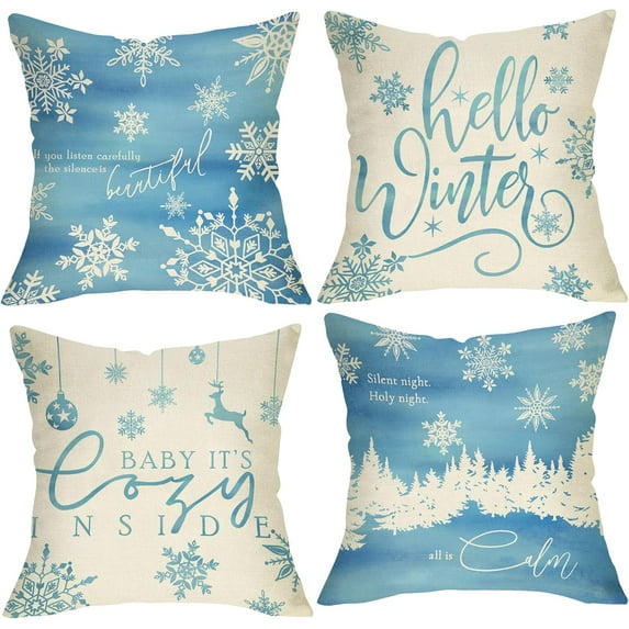 Hello Winter Grey White Decorative Throw Pillow Cover 18x18 Set of 4, Baby It''s Cozy Inside Christmas Snowflake Home Decorations, Pine Tree Holiday Reindeer Farmhouse Cushion Case Decor for Couch