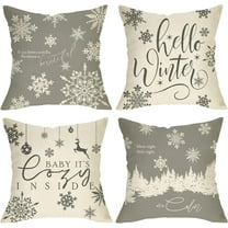 Hello Winter Grey White Decorative Throw Pillow Cover 18x18 Set of 4, Baby It''s Cozy Inside Christmas Snowflake Home Decorations, Pine Tree Holiday Reindeer Farmhouse Cushion Case Decor for Couch