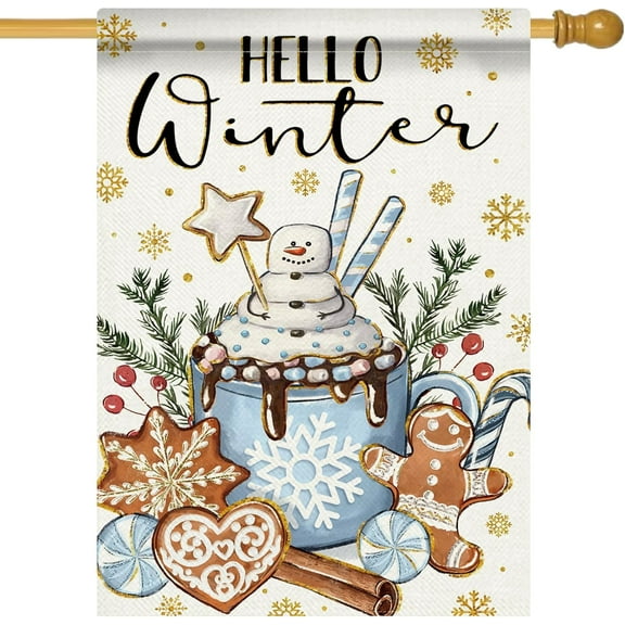 Hello Winter Hot Cocoa Decorative Garden Flag, Snowman Gingerbread Cookie Candy Red Berry Gold Snowflakes Yard Outside Decorations, Blue Christmas Outdoor Small Home Decor Double Sided 12x18