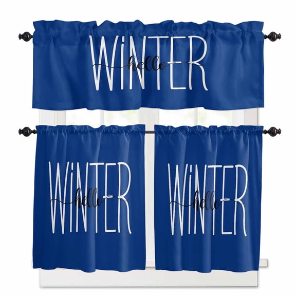 Hello Winter Kitchen Curtains and Valances Set, Blue White Letter Retro Art Decor Rod Pocket Window Valance 18 Inch Window Curtain Panels for Living Room Bedroom Laundry, 27.5x24in, 3 Pieces