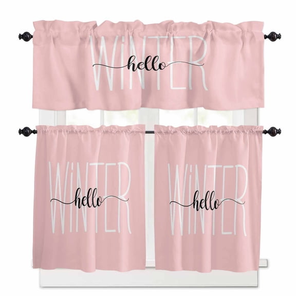 Hello Winter Kitchen Curtains and Valances Set, Pink White Letter Retro Art Simple Decor Rod Pocket Window Valance 18 Inch Window Curtain Panels for Living Room Bedroom Laundry, 27.5x24in, 3 Pieces