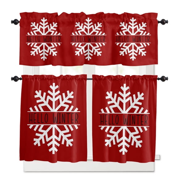 Hello Winter Kitchen Curtains and Valances Set, Snowflake Red Rod Pocket Window Valance 18 Inch Window Curtain Panels for Living Room Bedroom Laundry, 27.5x36in, 3 Pieces