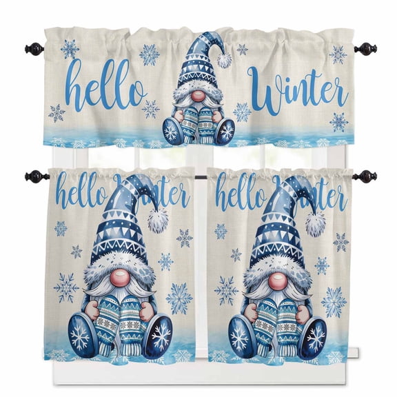 Hello Winter Kitchen Curtains Valances and Tiers Set of 3 Blue Gnome Snowflake Glove Watercolor Tier Curtains and Valance Rod Pocket Valance Curtains Set for Windows 27.5"W x 36"L