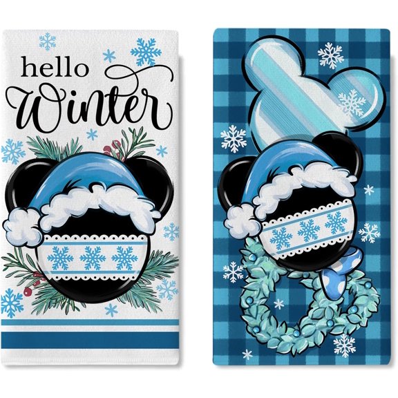 Hello Winter Kitchen Dish Towels Set of 2, Blue Plaid Check Wreath Drying Hand Towels Baking Cooking Cloth, Christmas Farmhouse Seasonal Snowflake Home Kitchen Decoration 18 x 26