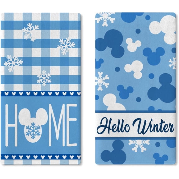 Hello Winter Kitchen Dish Towels Set of 2, Blue Snowflake Plaid Check Drying Hand Towels Baking Cooking Cloth, Christmas Farmhouse Seasonal Home Kitchen Decoration 18 x 26 Inch