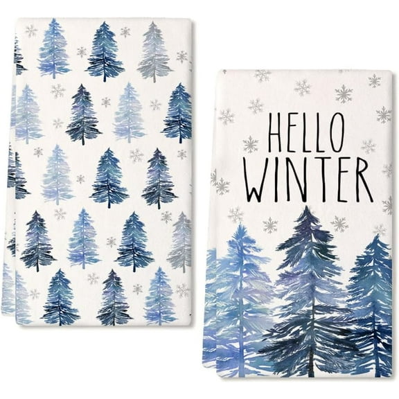 Hello Winter Kitchen Towels Set of 2,Blue Tree Snowflake Dish Hand Towels Holiday Home Indoor Bathroom Party Seasonal Noel Decorations