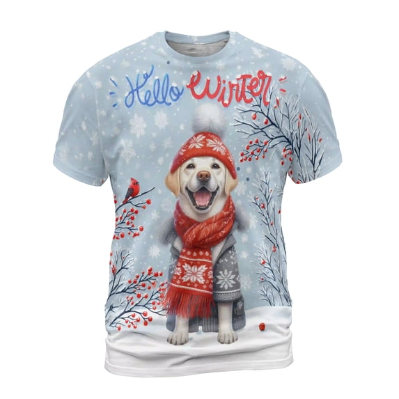 Hello Winter Labrador Retriever Smiling in Red Scarf Hat Welcome Christmas All Over Print 3D Shirt Unisex Merch Lab Dog Lover Gifts - 00017