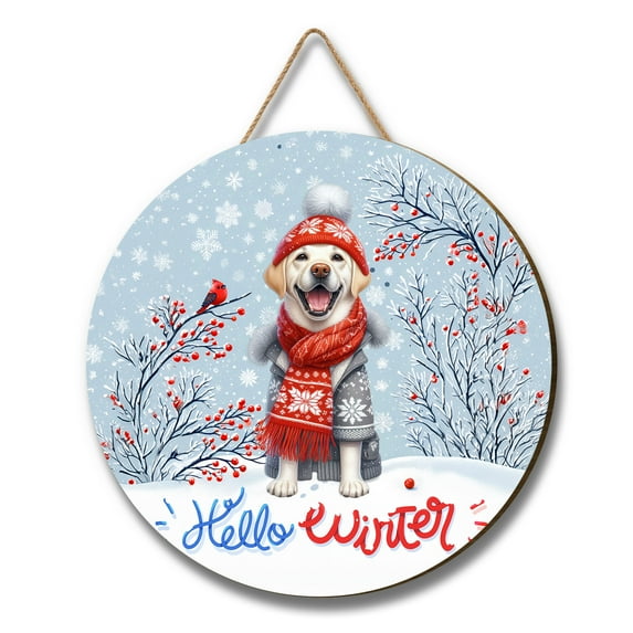 Hello Winter Labrador Retriever Smiling in Red Scarf Hat Welcome Christmas Round Wood Sign Lab Dog Lover Gifts Hanging Wall Home Decor - 00017