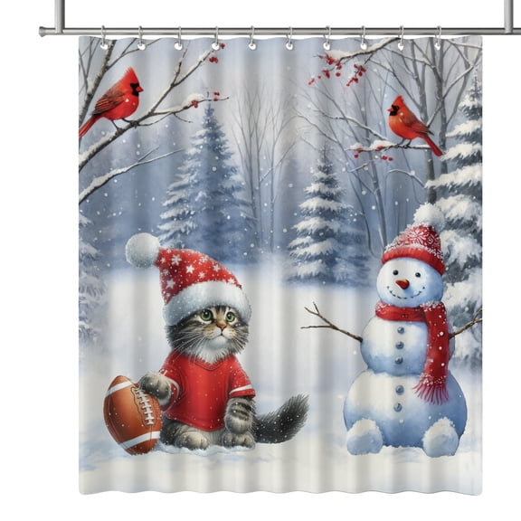 Hello Winter Maine Coon Football Snowman Welcome Snowy Morning Shower Curtain Cat Lover Kitten Owner Gifts Waterproof Bathroom Bathtub Curtain - 01012