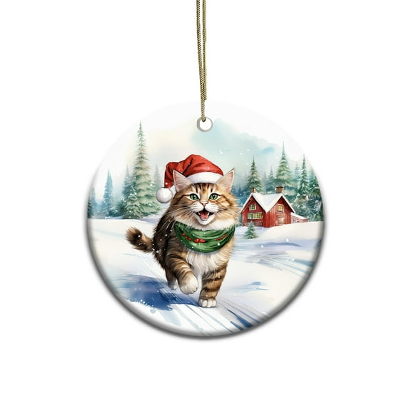 Hello Winter Maine Coon Frosty Morning Walk Welcome Snowy Christmas Ceramic Round Ornament Cat Lover Kitten Owner Gifts Home Tree Decor - 02018