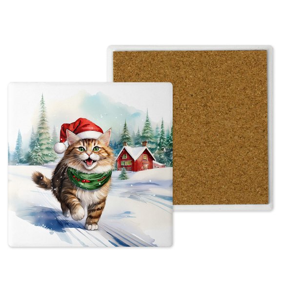 Hello Winter Maine Coon Frosty Morning Walk Welcome Snowy Christmas Set of 4 Stone Coasters Cat Lover Kitten Owner Gifts 4x4in Absorbent Soapstone Coaster - 02018