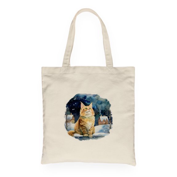 Hello Winter Maine Coon Welcome Snowy Night Watercolor Vintage Canvas Tote Bag Cat Lover Kitten Owner Gifts Reusable Shopping Grocery Bag - 01011