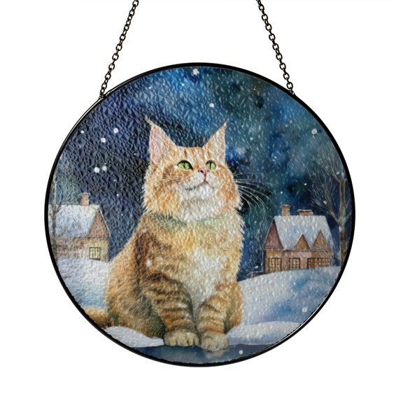 Hello Winter Maine Coon Welcome Snowy Night Watercolor Vintage Stained Glass Suncatcher Cat Lover Kitten Owner Gifts Window Hanging Sign Decor - 01011