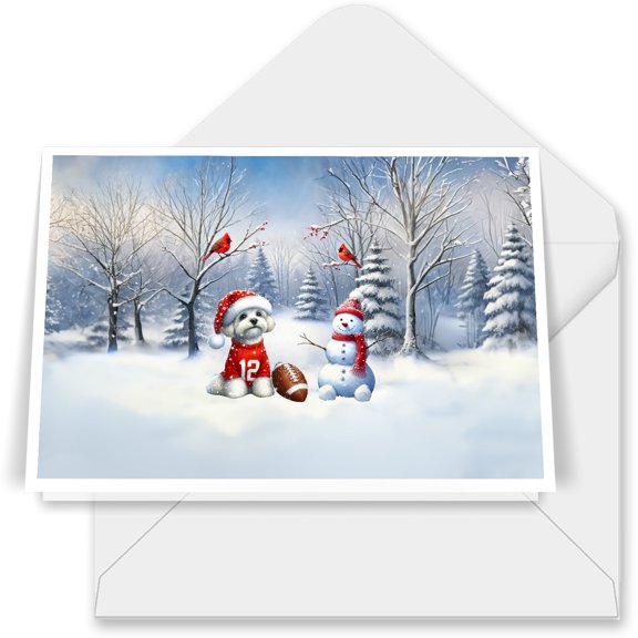 Hello Winter Maltese Football Snowman Welcome Snowy Morning 7x5in Folded Greeting Card Maltese Dog Lover Gifts Idea Single Note Card with Envelope - 01012