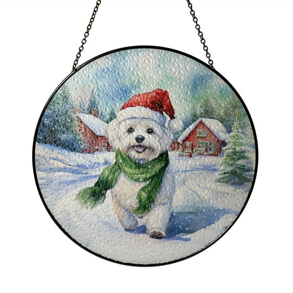 Hello Winter Maltese Frosty Morning Walk Welcome Snowy Christmas Stained Glass Suncatcher Maltese Dog Lover Gifts Idea Window Hanging Sign Decor - 02018
