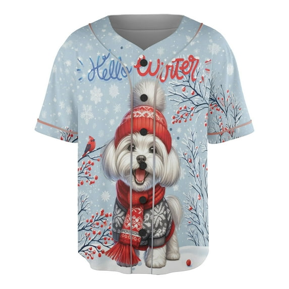 Hello Winter Maltese Smiling in Red Scarf Hat Welcome Christmas All Over Print 3D Baseball Shirt Maltese Dog Lover Gifts Idea Softball Sport - 00017