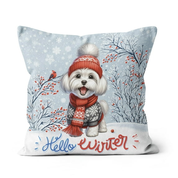 Hello Winter Maltese Smiling in Red Scarf Hat Welcome Christmas Pillow Cushion Double Sided Maltese Dog Lover Gifts Idea Throw Pillow - 00017