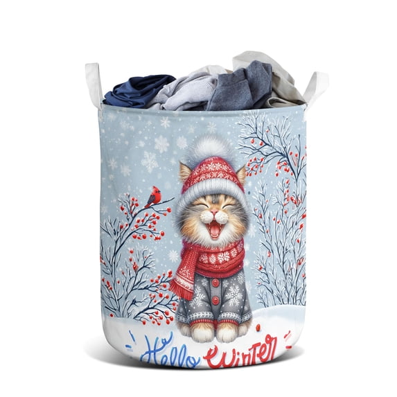 Hello Winter Manx Smiling in Red Scarf Hat Welcome Christmas Foldable Laundry Basket Cat Lover Kitten Owner Gifts Organizer Storage with Handles - 00017