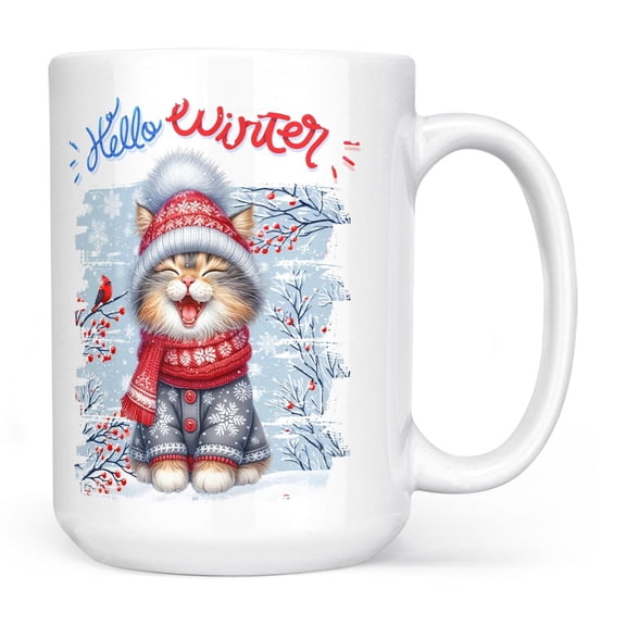 Hello Winter Manx Smiling in Red Scarf Hat Welcome Christmas Mug Cat Lover Kitten Owner Gifts Coffee Tea Cup - 00017
