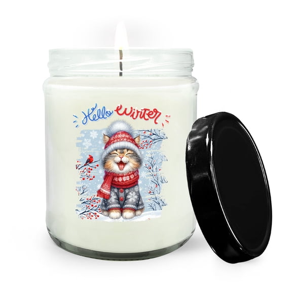 Hello Winter Manx Smiling in Red Scarf Hat Welcome Christmas Soy Wax Candle Cat Lover Kitten Owner Gifts 16oz White Vanilla Candle - 00017