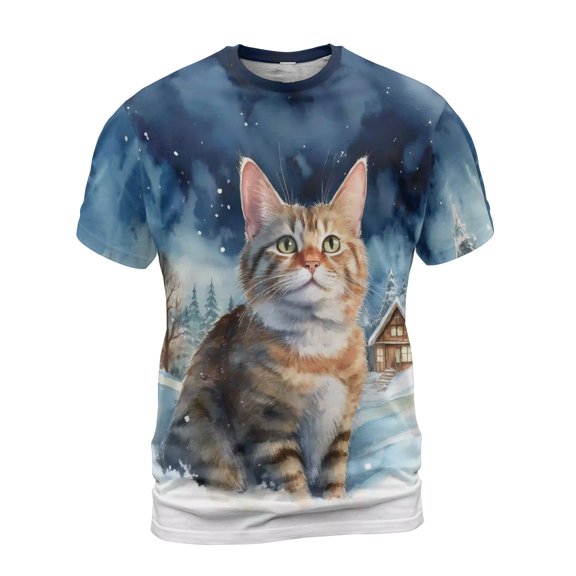 Hello Winter Manx Welcome Snowy Night Watercolor Vintage All Over Print 3D Shirt Unisex Merch Cat Lover Kitten Owner Gifts - 01011
