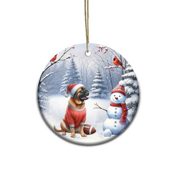 Hello Winter Mastiff Football Snowman Welcome Snowy Morning Ceramic Round Ornament Mastiffs Dog Lover Gifts Idea Home Tree Decor - 01012