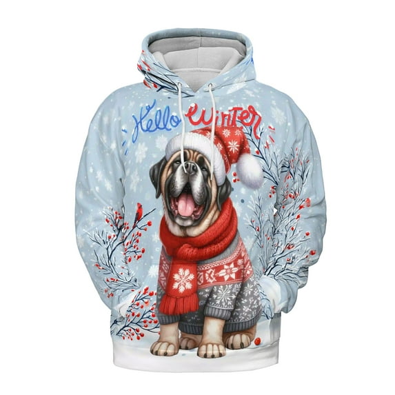 Hello Winter Mastiff Smiling in Red Scarf Hat Welcome Christmas All Over Print 3D Hoodie Unisex Merch Hoodies Mastiffs Dog Lover Gifts Idea - 00017