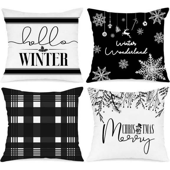 Hello Winter Merry Christmas Throw Pillow Covers 16x16 Set of 4, Decorative Black and White 16 inch Xmas Holiday Cushion Pillow Cases Home Outside Porch Decor Decorations