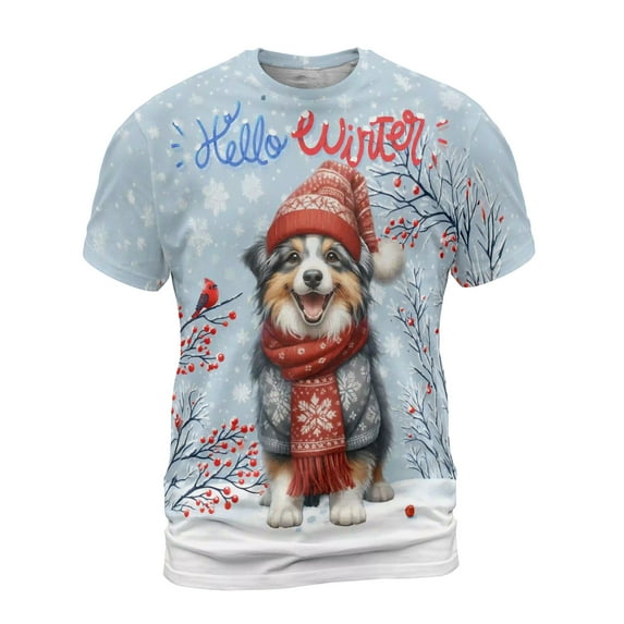 Hello Winter Miniature American Shepherd Smiling in Red Scarf Hat Welcome Christmas All Over Print 3D Shirt Unisex Merch MAS Dog Lover Gifts - 00017